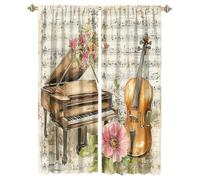 MSYKANIX Abstract Watercolor Piano Blackout Curtains,Vintage Modern Guitar Music Note Mid Century Spring Flowers Rod Pocket Window Drapes for Living Room 2 Panels,Each 53.5Wx160L cm