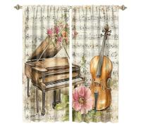 MSYKANIX Abstract Watercolor Piano Blackout Curtains,Vintage Modern Guitar Music Note Mid Century Spring Flowers Rod Pocket Window Drapes for Living Room 2 Panels,Each 70Wx160L cm