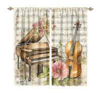 MSYKANIX Abstract Watercolor Piano Blackout Curtains,Vintage Modern Guitar Music Note Mid Century Spring Flowers Rod Pocket Window Drapes for Living Room 2 Panels,Each 80Wx160L cm