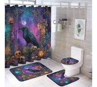 MSYKANIX Abstract Watercolor Raven Shower Curtain Set,Vintage Gothic Castle Skull Halloween Crow Pumpkins Full Moon Shower Decor Sets with Rugs Bathroom Accessories Set with 12 Hooks