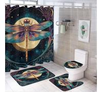 MSYKANIX Beautiful Colorful Boho Dragonfly Shower Curtain Set,Abstract Fantasy Bohemian Galaxy Starry Sky Dragonfly Full Moon Shower Decor Sets with Rugs Bathroom Accessories Set with 12 Hooks