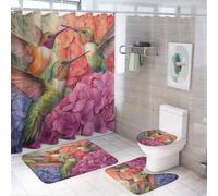 MSYKANIX Beautiful Colorful Hummingbird 4 Pcs Shower Curtain Sets,Watercolor Rustic Wildlife Birds Spring Garden Flower Hydrangeas Bathroom Sets with Rugs,Toilet Lid Cover And Bath Mat