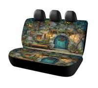 MSYKANIX Cartoon Colorful Cabin Car Cover Set for Rear Bench Seat with Polyester,Rustic Coastal Village Wooden Boards Door Stone Wall Leaves Back Covers Universal