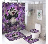MSYKANIX Cartoon Colorful Panda Shower Curtain Set,Funny Cute Spring Garden Purple Floral Tulips Animal Panda Shower Decor Sets with Rugs Bathroom Accessories Set with 12 Hooks