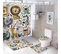 MSYKANIX Cartoon Cute Lion 4 Pcs Shower Curtain Sets,Funny Colorful Tropical Wildlife Zebra Elephant Deer Moose Flamingo Bathroom Sets with Rugs,Toilet Lid Cover And Bath Mat