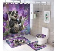 MSYKANIX Cartoon Cute Panda Shower Curtain Set,Funny Colorful Spring Garden Purple Floral Tulips Animal Panda Shower Decor Sets with Rugs Bathroom Accessories Set with 12 Hooks