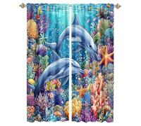 MSYKANIX Cartoon Watercolor Dolphins Rod Pocket Curtain for Bedroom,Abstract Wildlife Underwater World Colorful Coral Dolphins Blackout Window Drapes 2 Panels,Each 53.5Wx160L cm