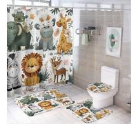 MSYKANIX Cartoon Watercolor Lion Shower Curtain Set,Cute Funny Tropical Animal Giraffe Zebra Elephant Deer Moose Flamingo Shower Decor Sets with Rugs Bathroom Accessories Set with 12 Hooks