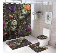 MSYKANIX Colorful Abstract Skull 4 Pcs Shower Curtain Sets,Vintage Gothic Boho Skeleton Plant Leaf Flower Rose Animal Butterfly Bathroom Sets with Rugs,Toilet Lid Cover And Bath Mat