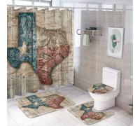 MSYKANIX Colorful Rustic Texas Star Print 4 Pcs Shower Curtain Sets,Vintage Wooden Board American Southwestern Texas Flag Bathroom Sets with Rugs,Toilet Lid Cover And Bath Mat