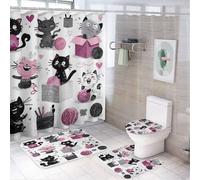 MSYKANIX Cute Cartoon Cat Shower Curtain Set,Colorful Funny Yarn Ball Japanese Anime Black Cat Shower Decor Sets with Rugs Bathroom Accessories Set with 12 Hooks