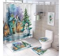 MSYKANIX Cute Cartoon Christmas 4 Pcs Shower Curtain Sets,Rustic Watercolor Pine Tree Snowmen Merry Christmas Theme Bathroom Sets with Rugs,Toilet Lid Cover And Bath Mat
