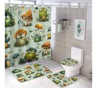 MSYKANIX Cute Cartoon Frog Shower Curtain Set,Funny Rustic Forest Plant Leaves Floral Mushroom Wildlife Frog Shower Decor Sets with Rugs Bathroom Accessories Set with 12 Hooks