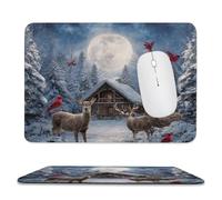 MSYKANIX Cute Rustic Cabin Deer Soft Stitched Edge Mouse Pad,Colorful Funny Winter Forest Snow Pine Red Bird Moose Elk Full Moon Non-Slip Mousepad for Office,Home 20x24 cm