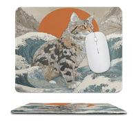 MSYKANIX Fantasy Abstract Great Waves Non-Slip Mouse Pad,Modern Colorful Ocean Waves Japanese Cat Red Sun with Most Types of Mouse,Stitched Edges for Decoration 25x30 cm