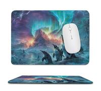 MSYKANIX Fantasy Abstract Penguin Soft Stitched Edge Mouse Pad,Rustic Beautiful Aurora Borealis Mountain Wildlife Penguins Non-Slip Mousepad for Office,Home 20x24 cm