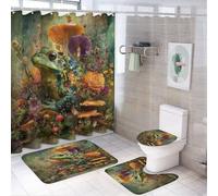 MSYKANIX Fantasy Beautiful Frog 4 Pcs Shower Curtain Sets,Cute Colorful Forest Botanical Flower Mushroom Animal Butterfly Bathroom Sets with Rugs,Toilet Lid Cover And Bath Mat