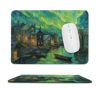 MSYKANIX Fantasy Colorful Cabin Soft Stitched Edge Mouse Pad,Rustic Beautiful Oil Painting Coastal Village Aurora Borealis Ship Non-Slip Mousepad for Office,Home 7.9x9.4 Inch