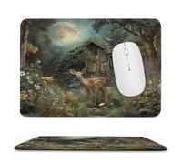 MSYKANIX Fantasy Colorful Deer Soft Stitched Edge Mouse Pad,Rustic Cabin Forest Night Wildlife Pine Tree Floral Daisies Full Moon Non-Slip Mousepad for Office,Home 20x24 cm