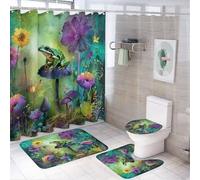 MSYKANIX Fantasy Colorful Frog 4 Pcs Shower Curtain Sets,Beautiful Cute Forest Botanical Floral Mushroom Animal Butterfly Bathroom Sets with Rugs,Toilet Lid Cover And Bath Mat