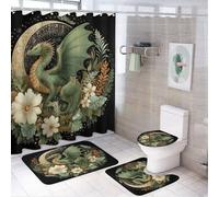 MSYKANIX Fantasy Cool Dragon 4 Pcs Shower Curtain Sets,Abstract Colorful Spring Garden Plant Floral Starry Sky Moon Bathroom Sets with Rugs,Toilet Lid Cover And Bath Mat