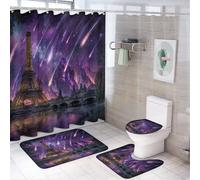 MSYKANIX Fantasy Modern Eiffel Tower Shower Curtain Set,Beautiful Colorful Paris City Night Cityscape Starry Sky Shower Decor Sets with Rugs Bathroom Accessories Set with 12 Hooks