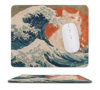 MSYKANIX Fantasy Modern Great Waves Soft Stitched Edge Mouse Pad,Abstract Colorful Ocean Waves Japanese Cat Red Sun Non-Slip Mousepad for Office,Home 25x30 cm