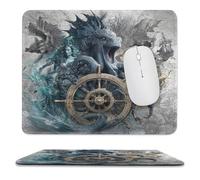 MSYKANIX Fantasy Vintage Octopus Non-Slip Mousepad,Abstract Rustic Ocean Mermaid Nautical Wooden Wheel Pirate Ship with Most Types of Mouse,Stitched Edges for Decoration 25x30 cm