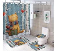 MSYKANIX Funny Cartoon Cat Shower Curtain Set,Rustic Colorful Winter Snow Forest Animal Orange Cute Cat Red Birds Shower Decor Sets with Rugs Bathroom Accessories Set with 12 Hooks