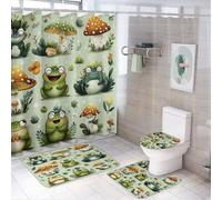 MSYKANIX Funny Cartoon Frog 4 Pcs Shower Curtain Sets,Cute Rustic Forest Plant Leaves Flower Mushroom Animal Frog Bathroom Sets with Rugs,Toilet Lid Cover And Bath Mat