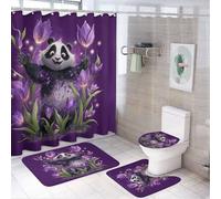 MSYKANIX Funny Colorful Panda Shower Curtain Set,Cute Cartoon Spring Garden Purple FlowerTulips Animal Panda Shower Decor Sets with Rugs Bathroom Accessories Set with 12 Hooks