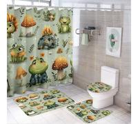 MSYKANIX Funny Cute Frog Shower Curtain Set,Cartoon Rustic Forest Plant Leaves Floral Mushroom Animal Frog Shower Decor Sets with Rugs Bathroom Accessories Set with 12 Hooks