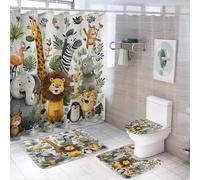 MSYKANIX Funny Cute Lion Shower Curtain Set,Cartoon Watercolor Tropical Animal Giraffe Zebra Elephant Flamingo Shower Decor Sets with Rugs Bathroom Accessories Set with 12 Hooks