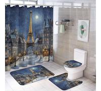 MSYKANIX Modern Beautiful Eiffel Tower 4 Pcs Shower Curtain Sets,Realistic Colorful Winter Paris City Landscap Eiffel Tower Full Moon Bathroom Sets with Rugs,Toilet Lid Cover And Bath Mat