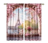 MSYKANIX Modern Beautiful Eiffel Tower Blackout Curtains,Watercolor France Romantic Paris Spring Cherry Blossom Bicycle Rod Pocket Window Drapes for Living Room 2 Panels,Each 80Wx160L cm