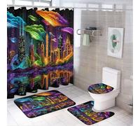 MSYKANIX Modern Beautiful New York Cityscape Shower Curtain Set,Colorful Cartoon Nebula Buildings Night Cityscape Shower Decor Sets with Rugs Bathroom Accessories Set with 12 Hooks