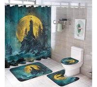 MSYKANIX Modern Colorful Lighthuose Shower Curtain Set,Realistic Rustic Ocean Wave Nautical Sailboat Pine Trees Full Moon Shower Decor Sets with Rugs Bathroom Accessories Set with 12 Hooks