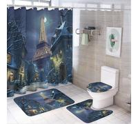 MSYKANIX Modern Realistic Eiffel Tower 4 Pcs Shower Curtain Sets,Beautiful Colorful Winter Paris City Landscap Eiffel Tower Full Moon Bathroom Sets with Rugs,Toilet Lid Cover And Bath Mat