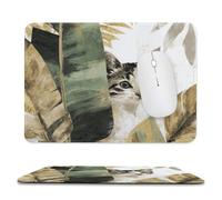 MSYKANIX Modern Rustic Cat Non-Slip Mousepad,Abstract Watercolor Tropical Jungle Plant Gold Palm Leaves Cute Cat with Most Types of Mouse,Stitched Edges for Decoration 7.9x9.4 Inch