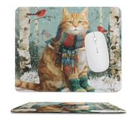 MSYKANIX Modern Rustic Cat Soft Stitched Edge Mouse Pad,Realistic Colorful Winter Snow Forest Tree Orange Cute Cat Red Birds Non-Slip Mousepad for Office,Home 25x30 cm