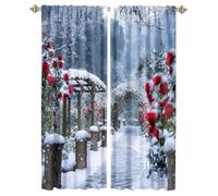 MSYKANIX Modern Winter Snowflake Rod Pocket Curtain for Bedroom,Rustic Watercolor Wild Red Rose Forest Garden Snow Mountain Blackout Window Drapes 2 Panels,Each 53.5Wx160L cm