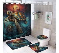 MSYKANIX Nautical Pirate Ship Turtle 4 Pcs Shower Curtain Sets,Colorful Abstract Ocean Animal Monster Sunset Sea Coral Octopus Bathroom Sets with Rugs,Toilet Lid Cover And Bath Mat
