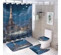 MSYKANIX Realistic Beautiful Eiffel Tower 4 Pcs Shower Curtain Sets,Modern Colorful Winter Paris City Landscap Eiffel Tower Full Moon Bathroom Sets with Rugs,Toilet Lid Cover And Bath Mat