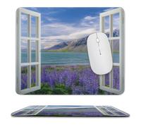 MSYKANIX Realistic Beautiful Lavender Soft Stitched Edge Mouse Pad,Rustic Colorful Open Window Nature Landscape Mountain Flower Non-Slip Mousepad for Office,Home 25x30 cm