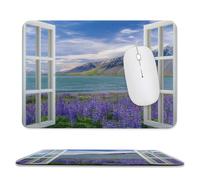 MSYKANIX Realistic Beautiful Lavender Soft Stitched Edge Mouse Pad,Rustic Colorful Open Window Nature Landscape Mountain Flower Non-Slip Mousepad for Office,Home 20x24 cm