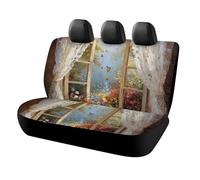 MSYKANIX Realistic Beautiful Open Window Car Rear Seat Covers Interior for Trucks SUV,Rustic Oil Painting Spring Garden Plant Flower Animal Butterflies Automotive Accessories