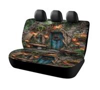 MSYKANIX Realistic Colorful Cabin Car Cover Set for Rear Bench Seat with Polyester,Rustic Coastal Village Wooden Boards Door Stone Wall Plant Leaves Back Covers Universal