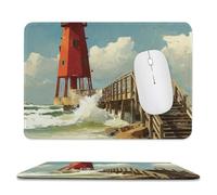 MSYKANIX Realistic Colorful Coastal Lighthouse Soft Stitched Edge Mouse Pad,Rustic Watercolor Oil Painting Ocean Waves Nautical Lighthouse Non-Slip Mousepad for Office,Home 20x24 cm