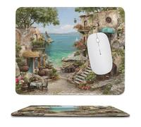 MSYKANIX Realistic Colorful Italian Beach Non-Slip Mousepad,Rustic Beautiful Coastal Village Ocean Sailboat Tree Floral with Most Types of Mouse,Stitched Edges for Decoration 25x30 cm