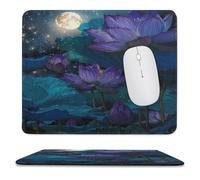 MSYKANIX Realistic Colorful Lotus Non-Slip Mousepad,Fantasy Beautiful Flower Lotus Leaves Summer Starry Sky Full Moon with Most Types of Mouse,Stitched Edges for Decoration 25x30 cm